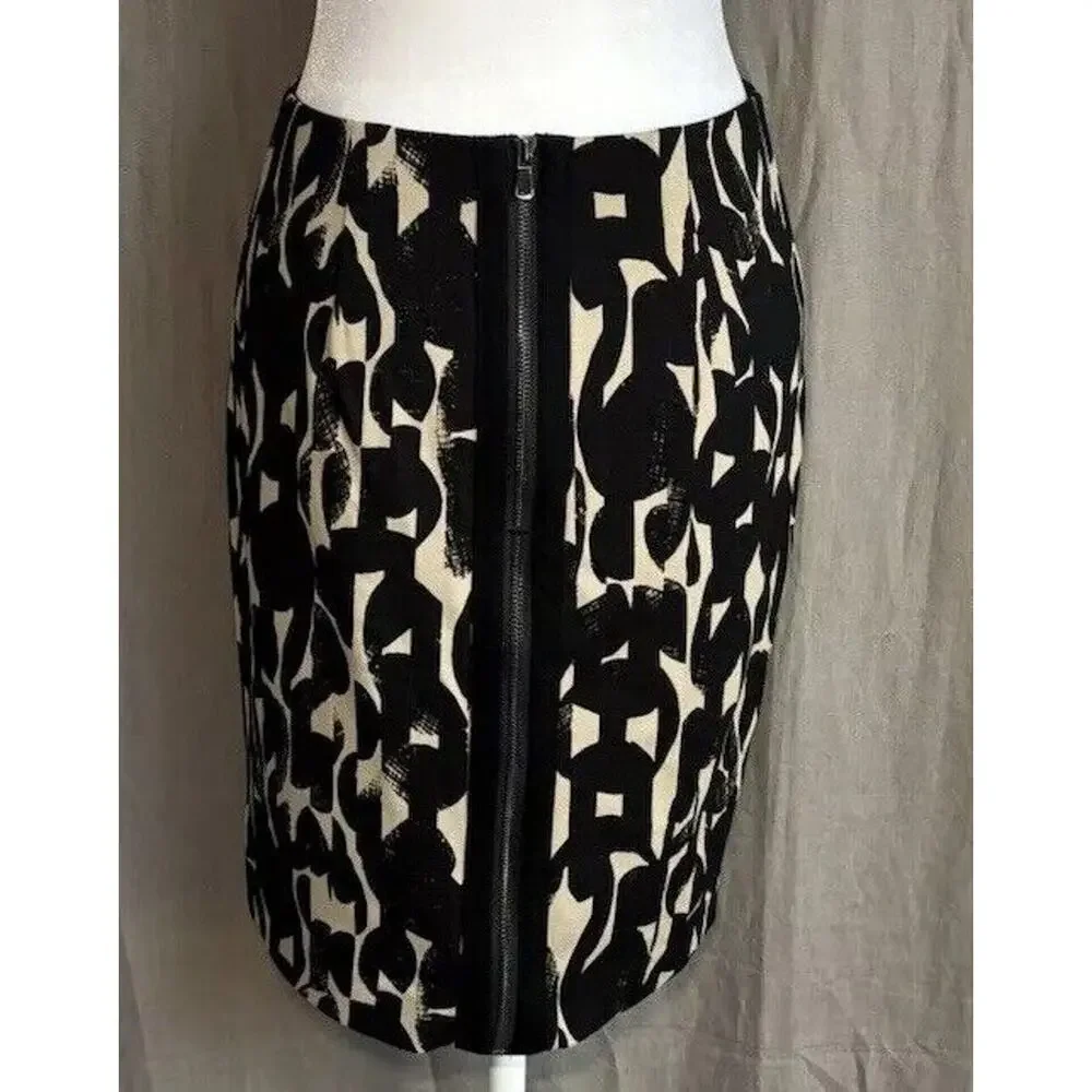 Ann Taylor Pencil Skirt Womens Black Brown Geometric Knee Height Zip Up Back